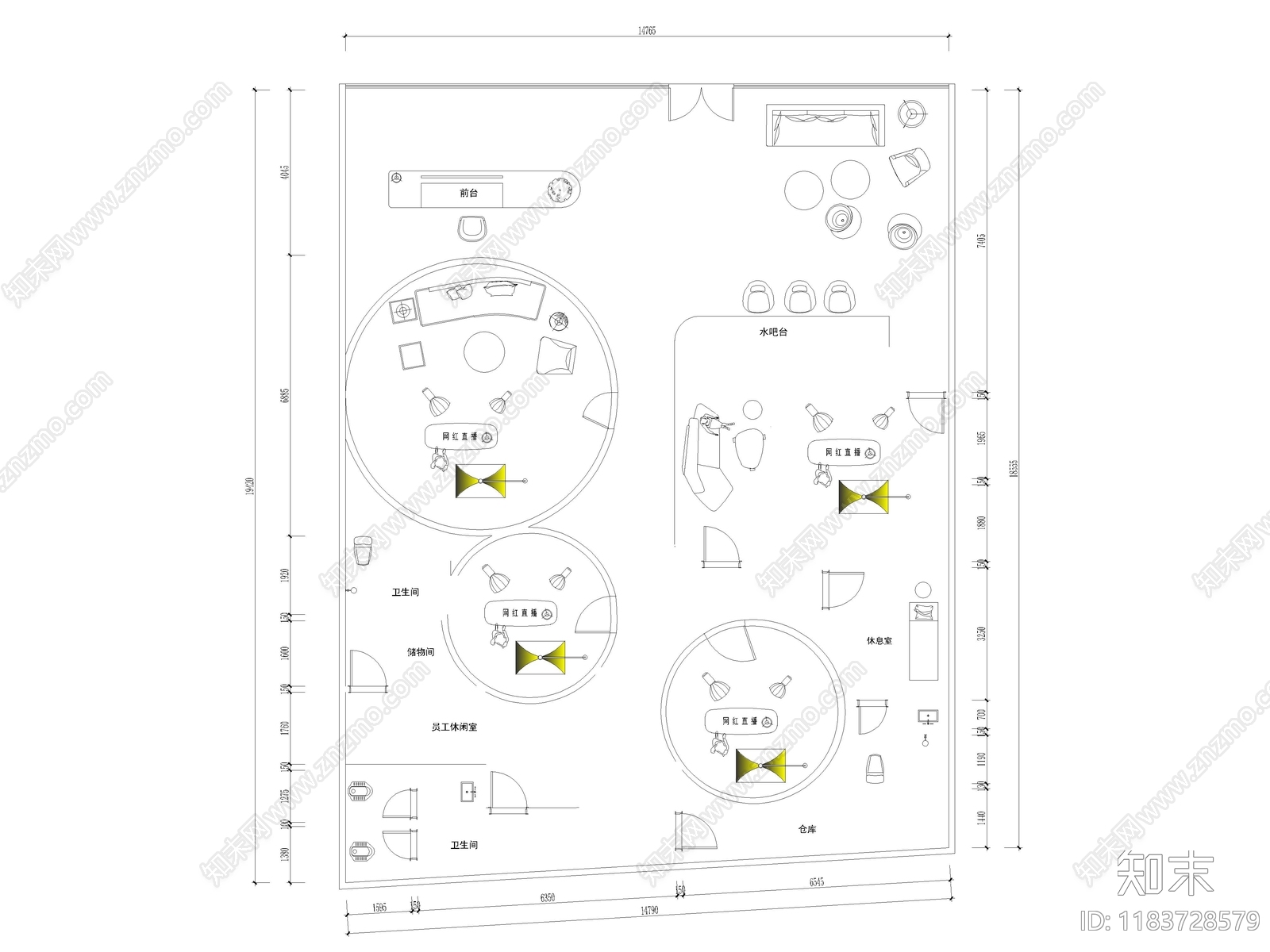 12套网红直播间直播工作室CAD平面布置图cad施工图下载【ID:1183728579】