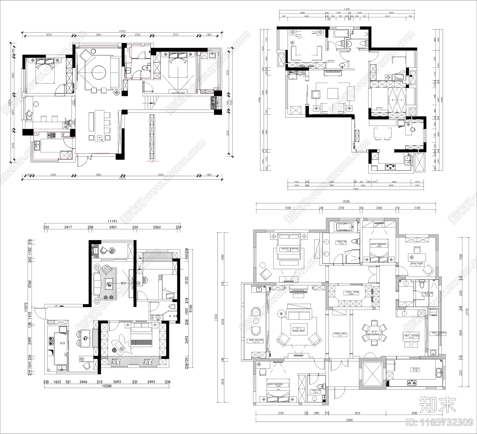 现代新中式家装图库cad施工图下载【ID:1183732309】