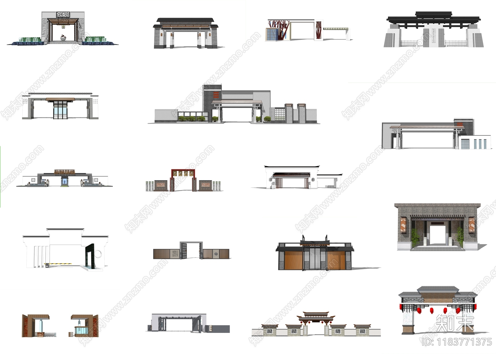 现代新中式入口大门SU模型下载【ID:1183771375】