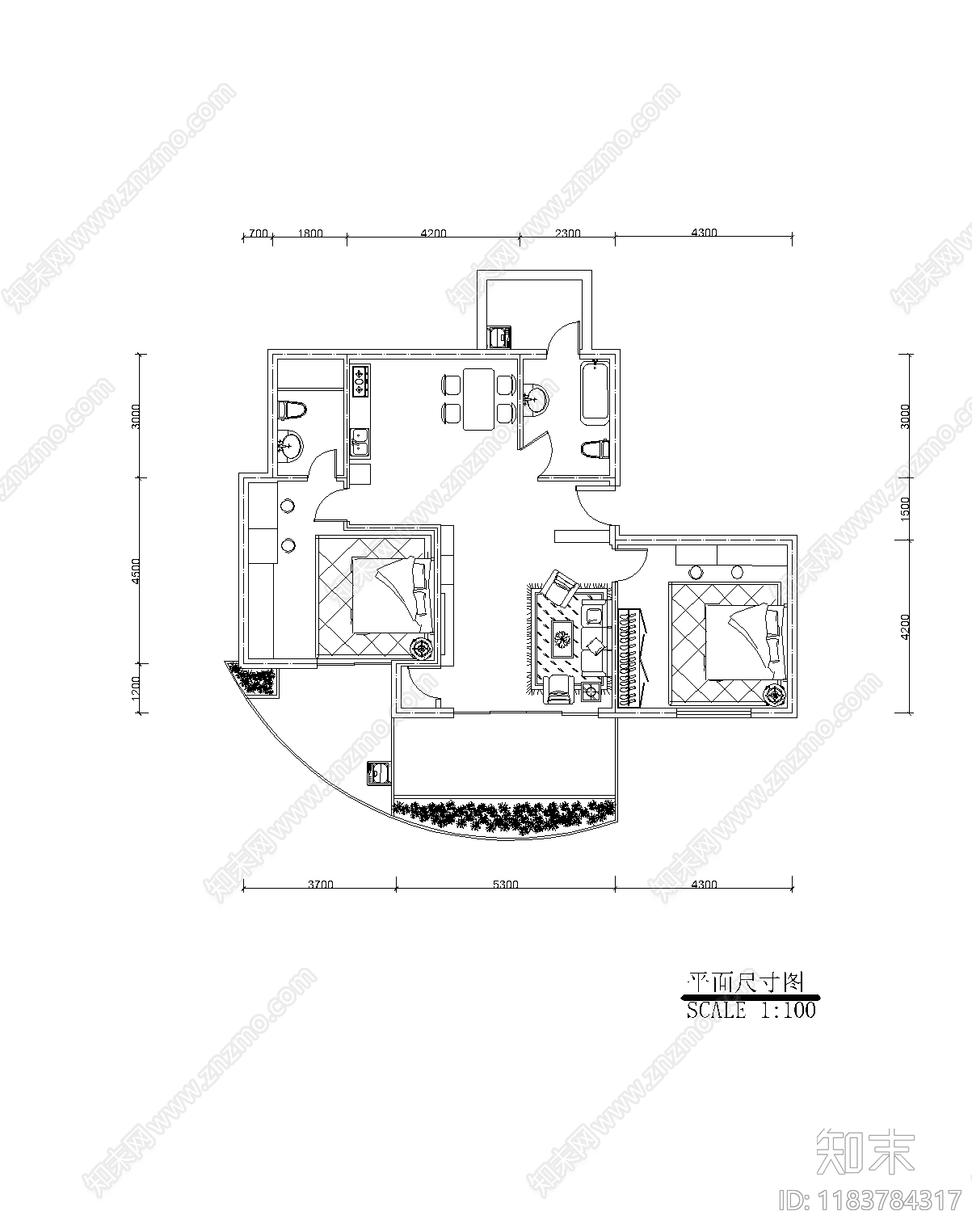 现代极简卧室施工图下载【ID:1183784317】