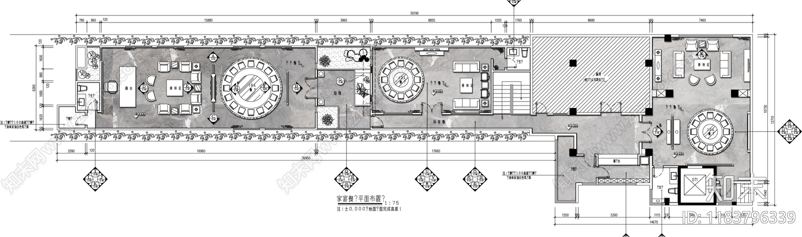 现代新中式中餐厅cad施工图下载【ID:1183796339】