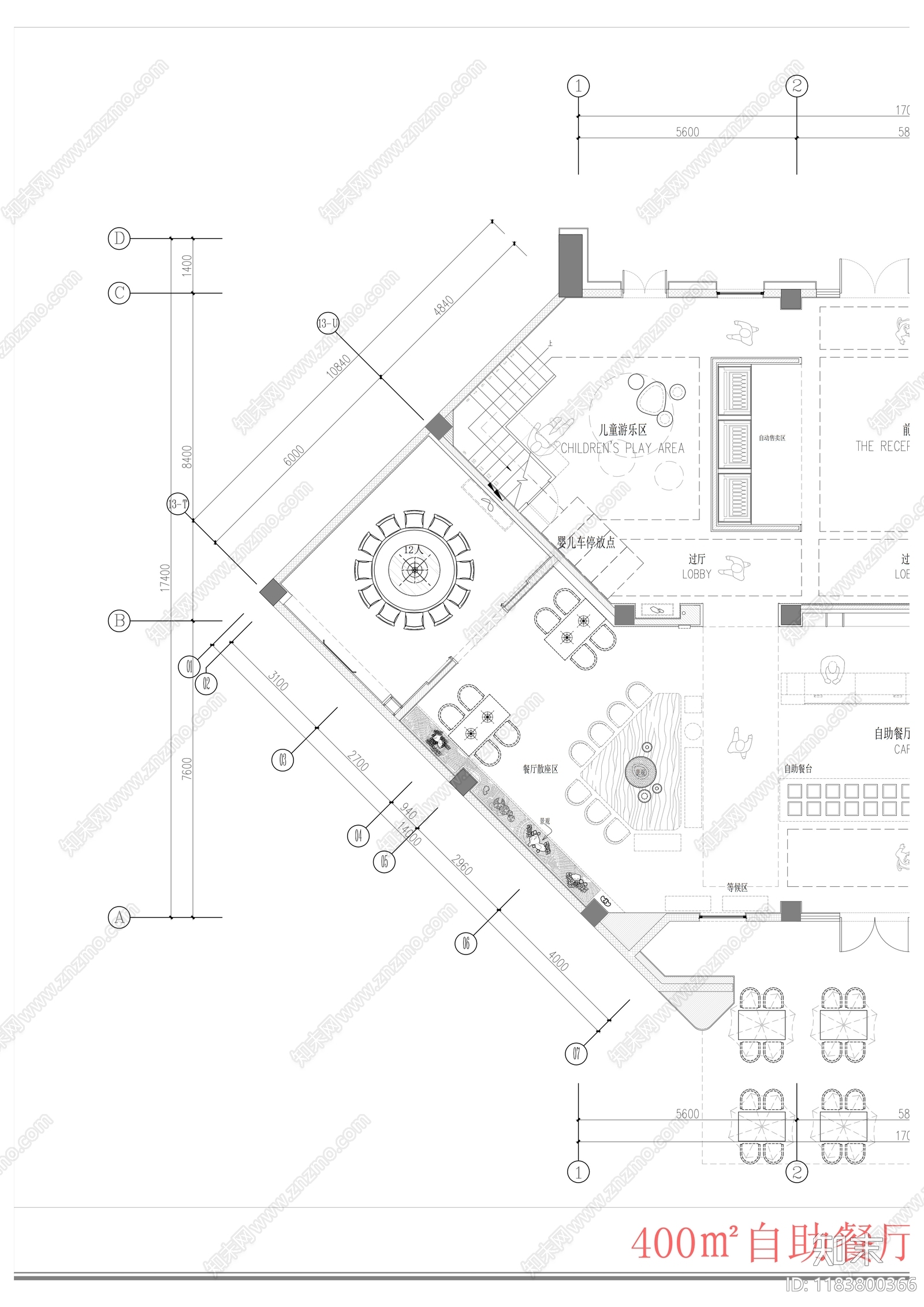 现代自助餐厅cad施工图下载【ID:1183800366】