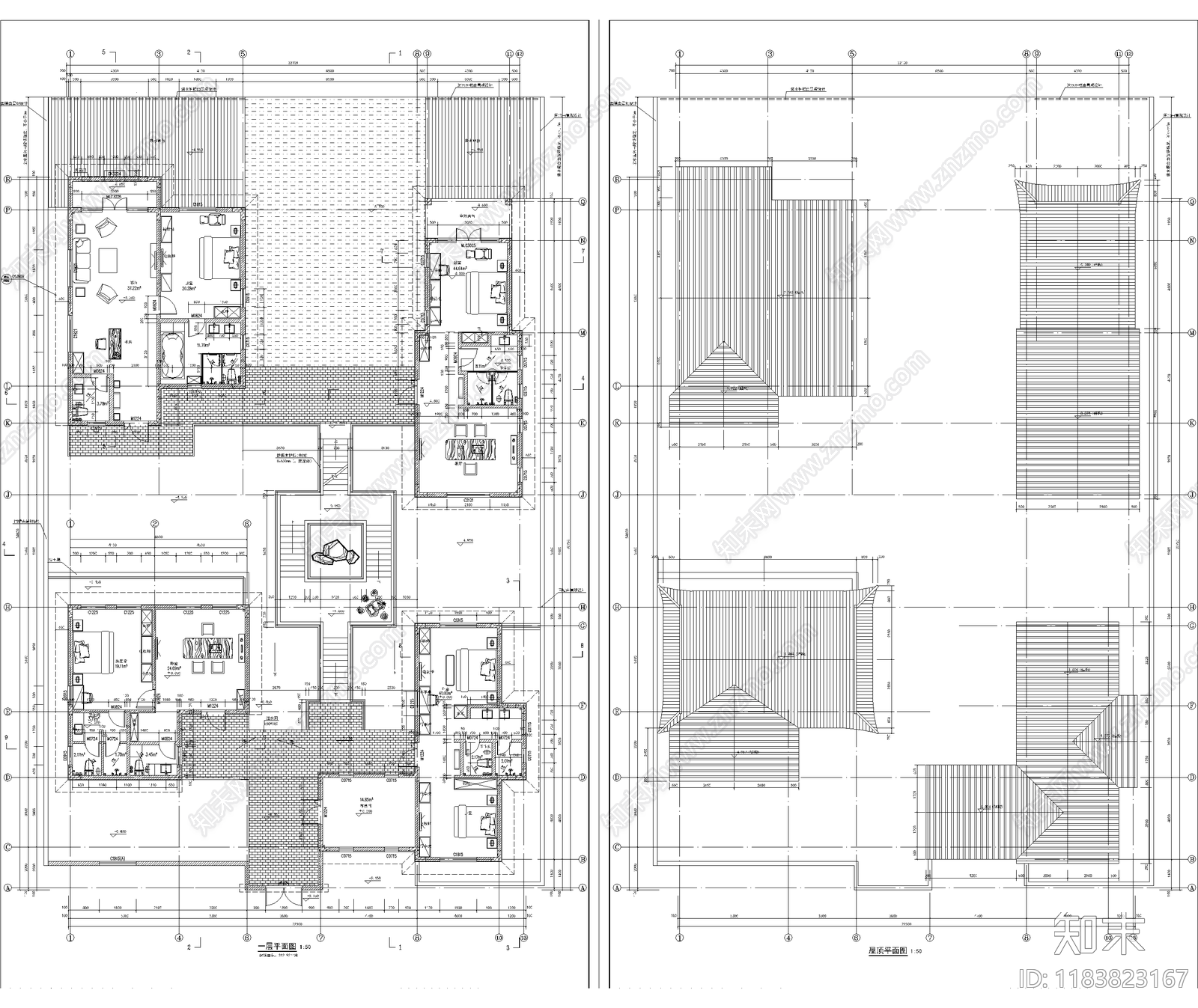 中式新中式别墅建筑cad施工图下载【ID:1183823167】