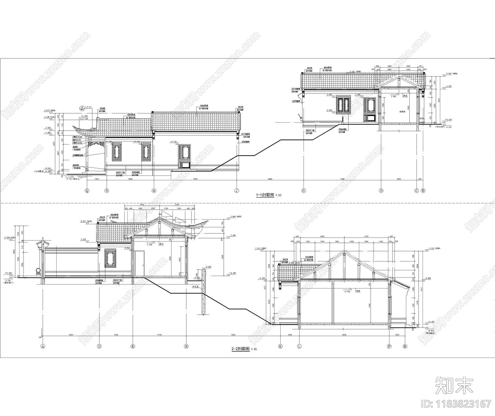 中式新中式别墅建筑cad施工图下载【ID:1183823167】