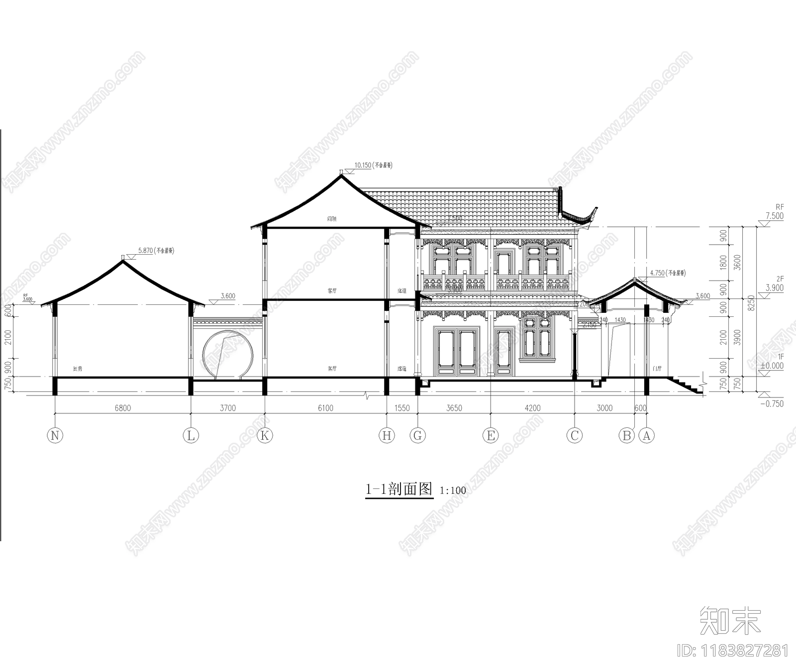 中式新中式四合院cad施工图下载【ID:1183827281】