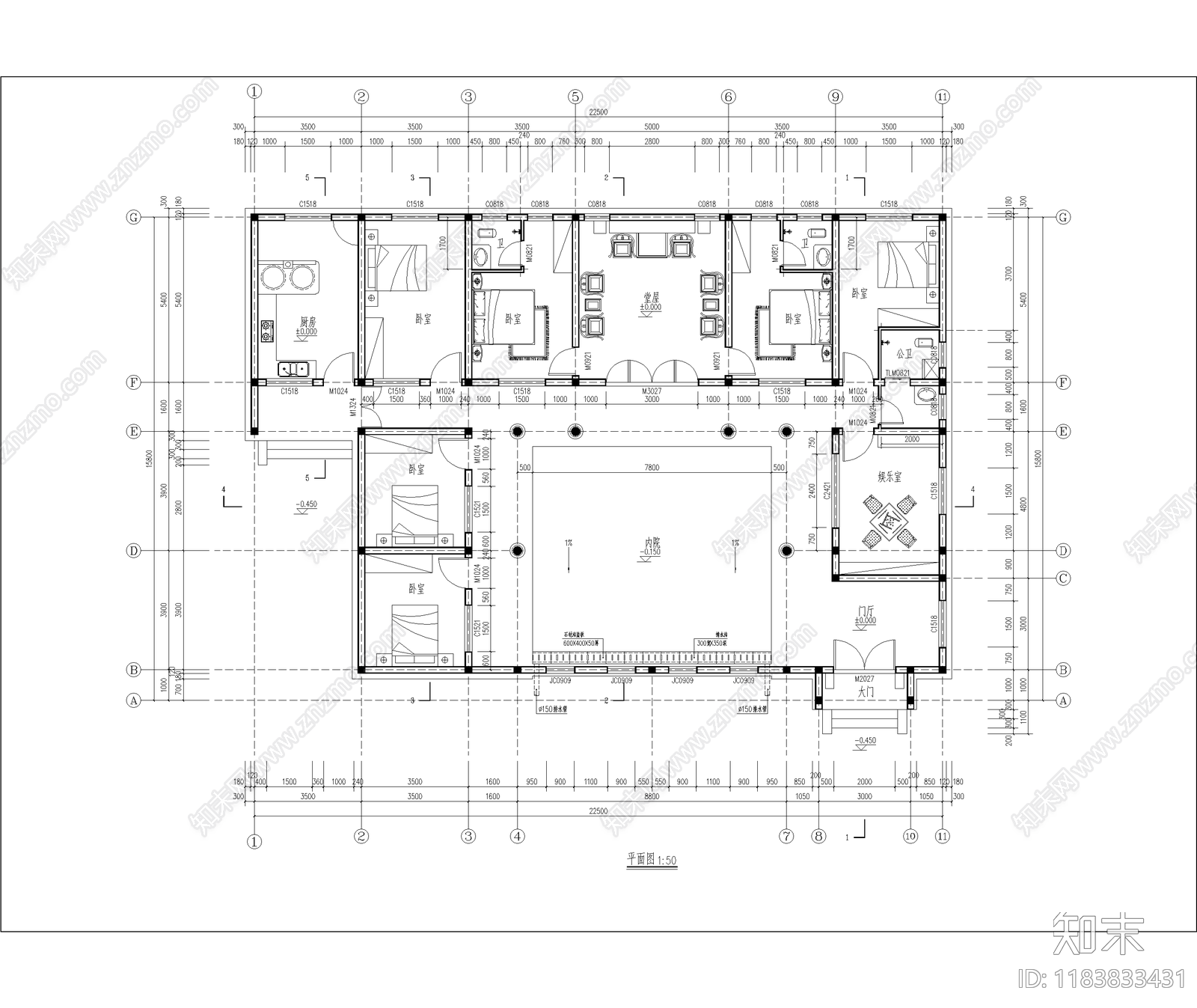 中式新中式三合院cad施工图下载【ID:1183833431】