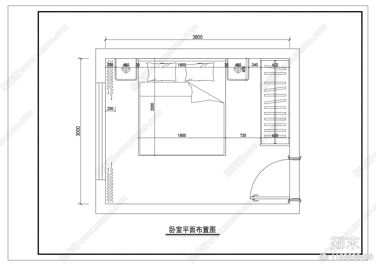 现代卧室施工图下载【ID:1183838490】