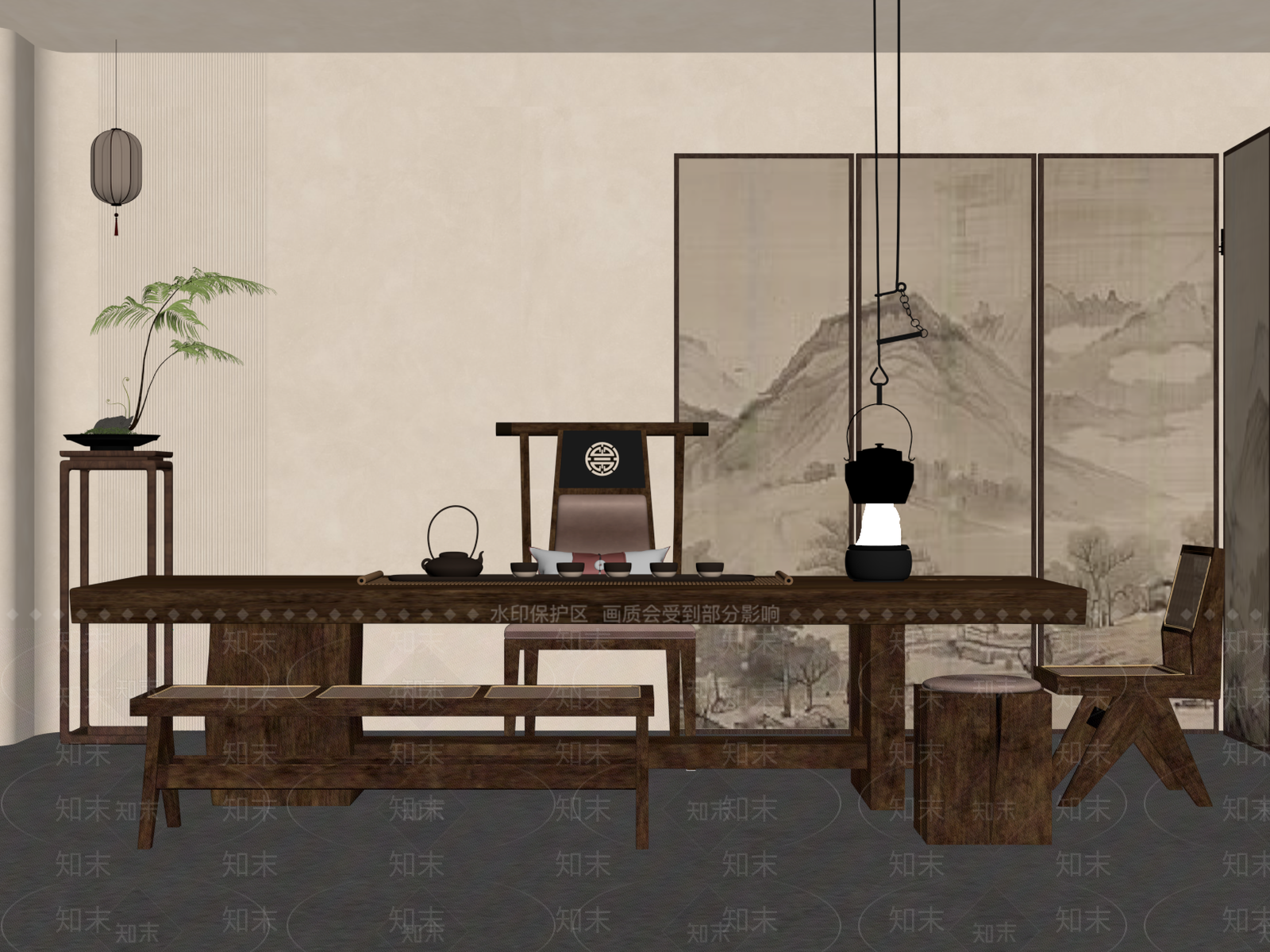 新中式茶桌椅SU模型下载【ID:1183860291】