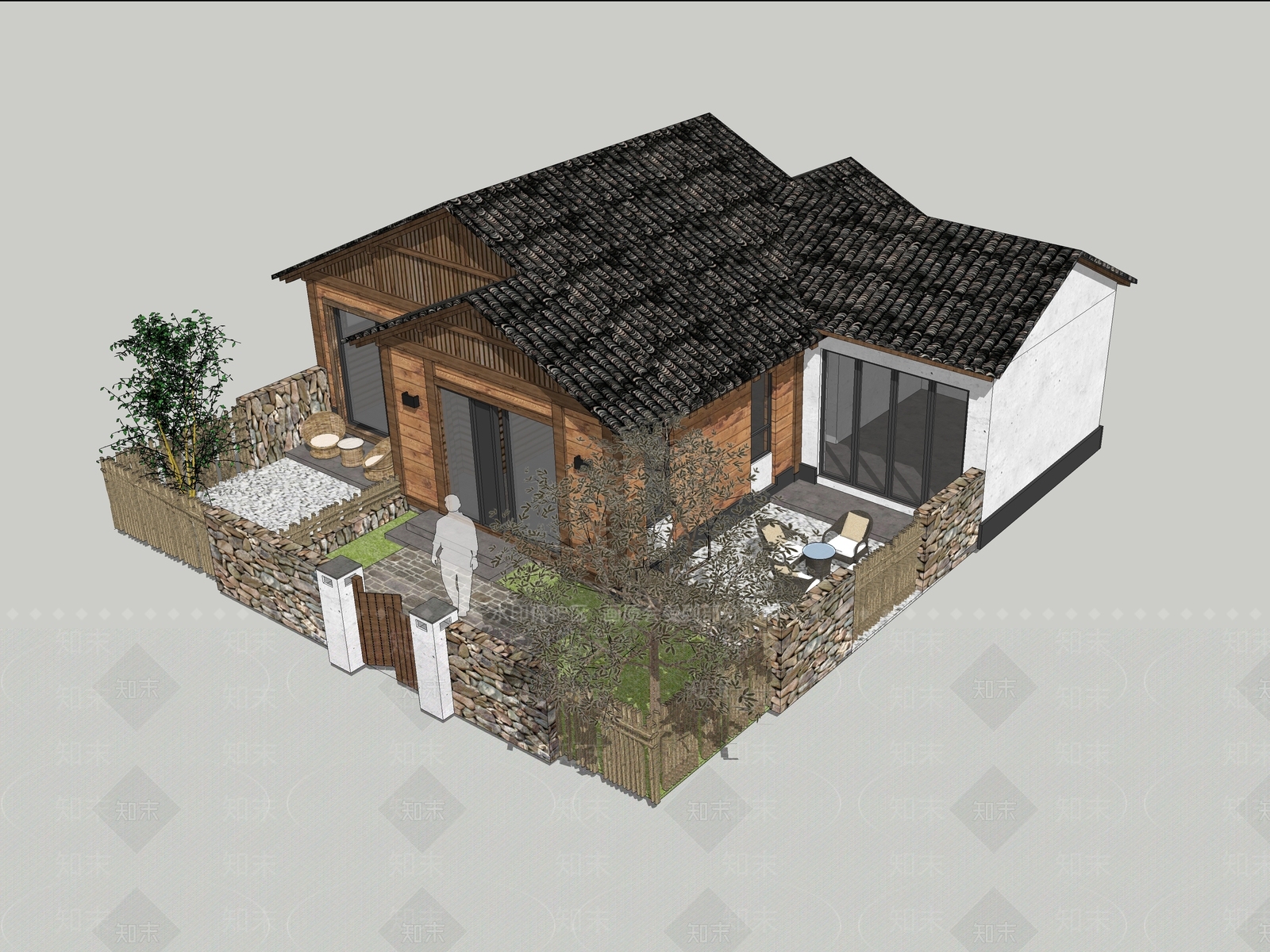 新中式现代别墅SU模型下载【ID:1183866676】