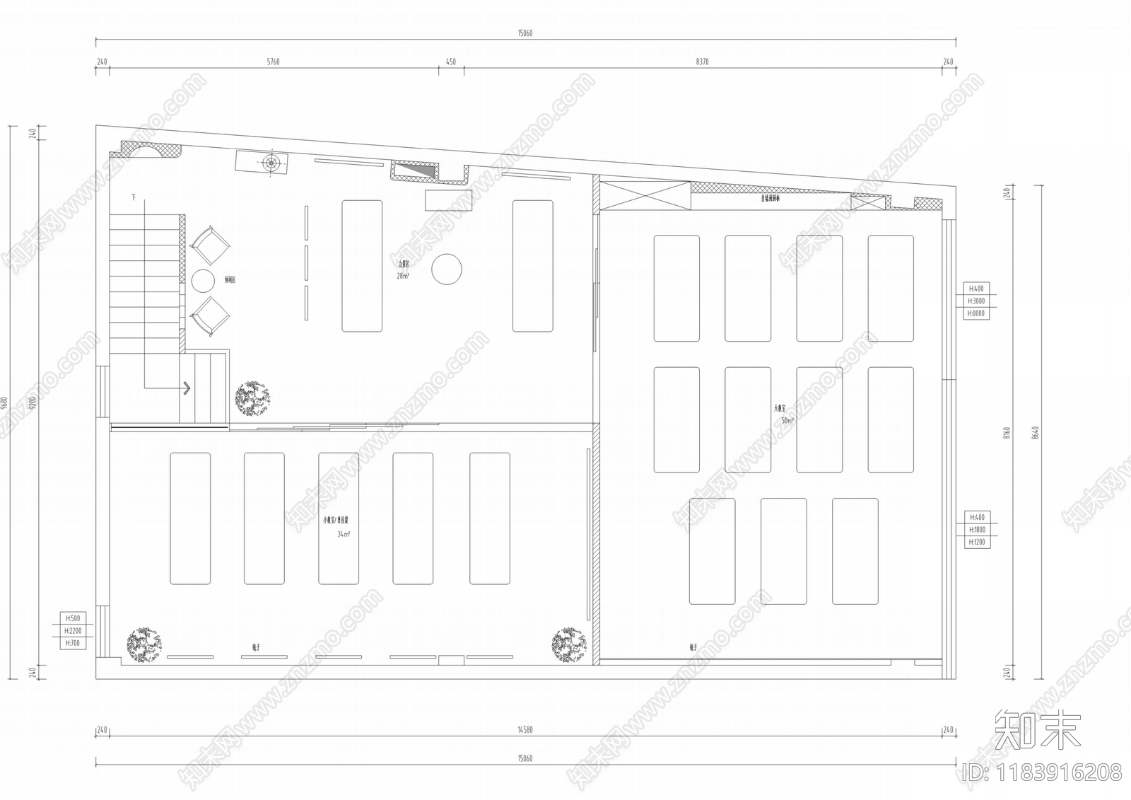 现代瑜伽馆cad施工图下载【ID:1183916208】