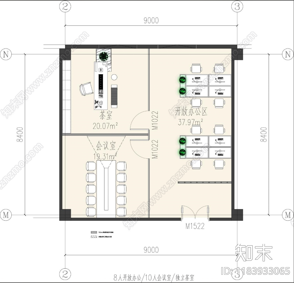 现代开放办公室cad施工图下载【ID:1183933065】