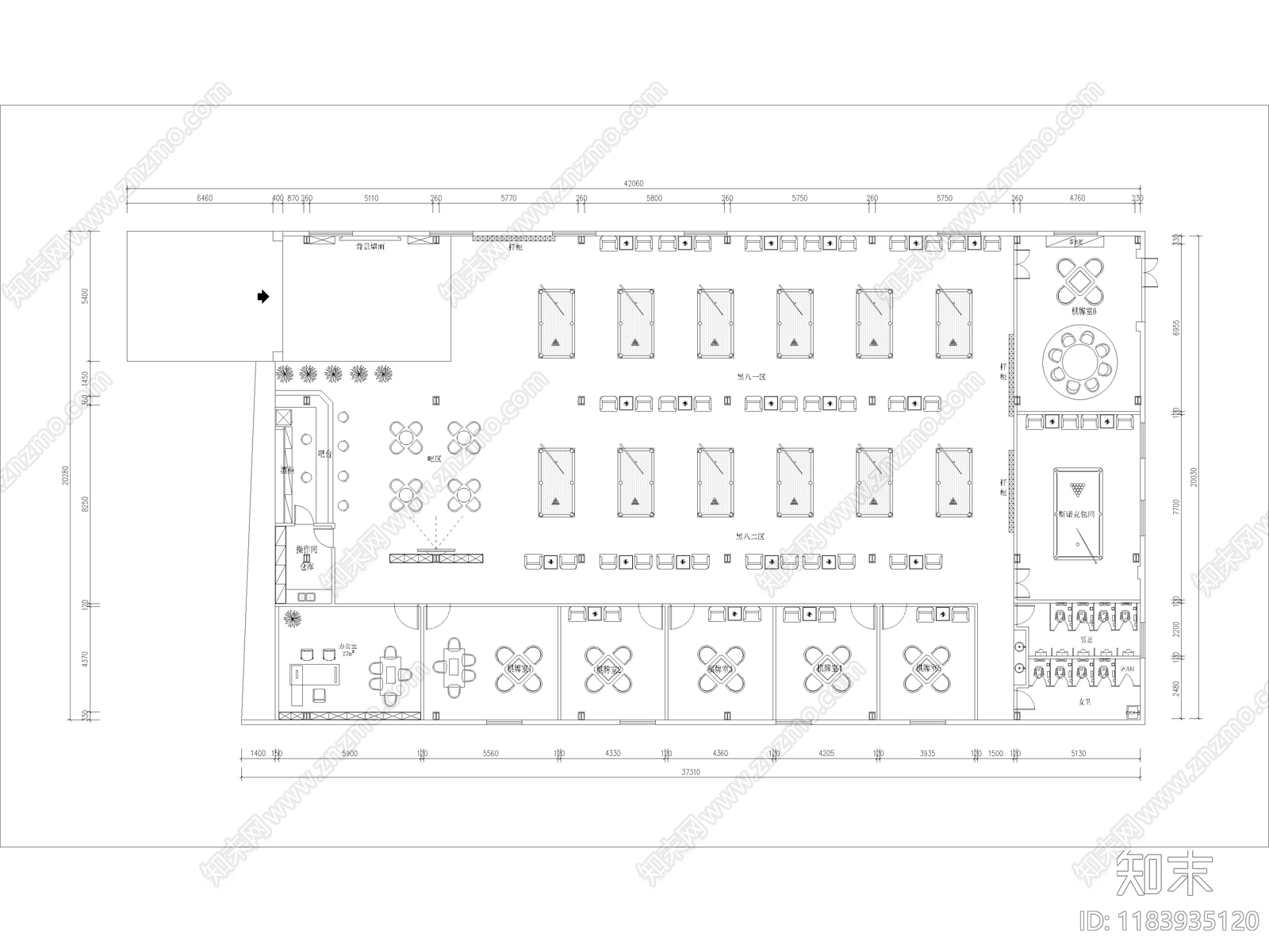 15套台球馆台球厅台球俱乐部CAD施工图cad施工图下载【ID:1183935120】