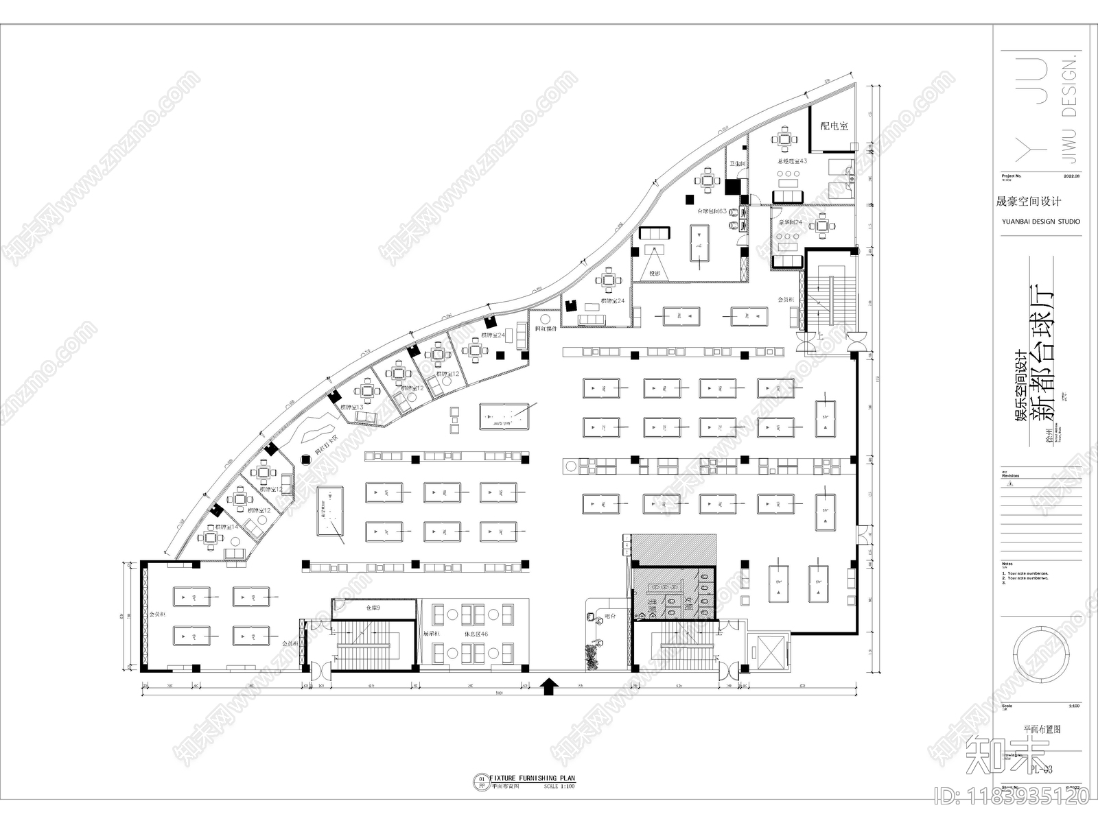 15套台球馆台球厅台球俱乐部CAD施工图cad施工图下载【ID:1183935120】