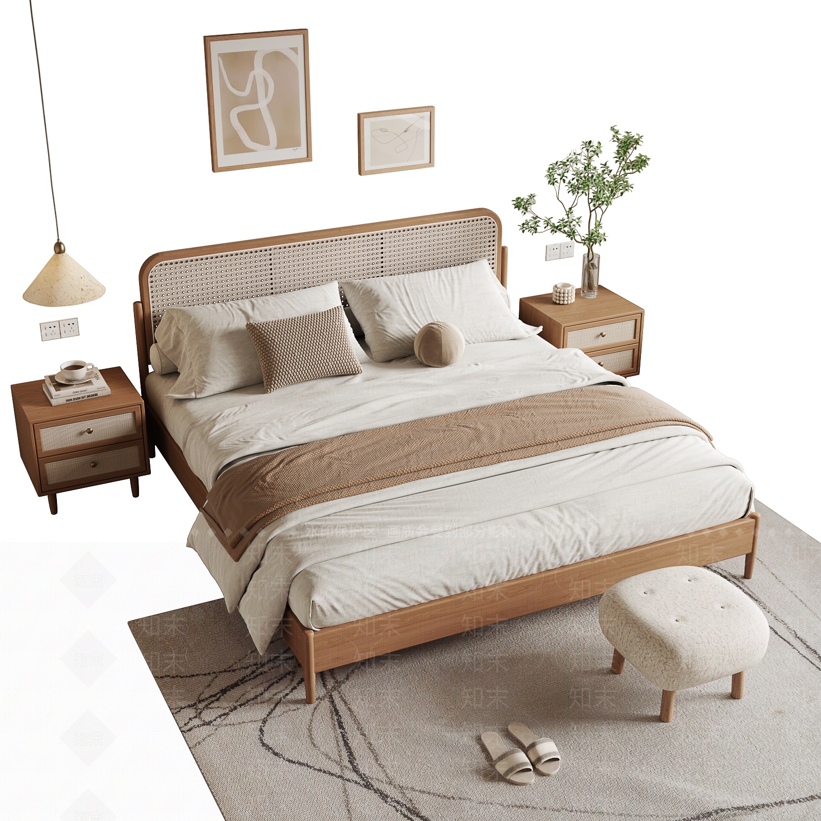 北欧原木双人床3D模型下载【ID:1183945897】