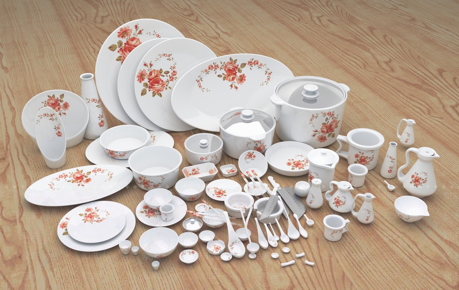 现代锅碗瓢盆碗筷盘子碟子勺子餐具3D模型下载【ID:1183968245】