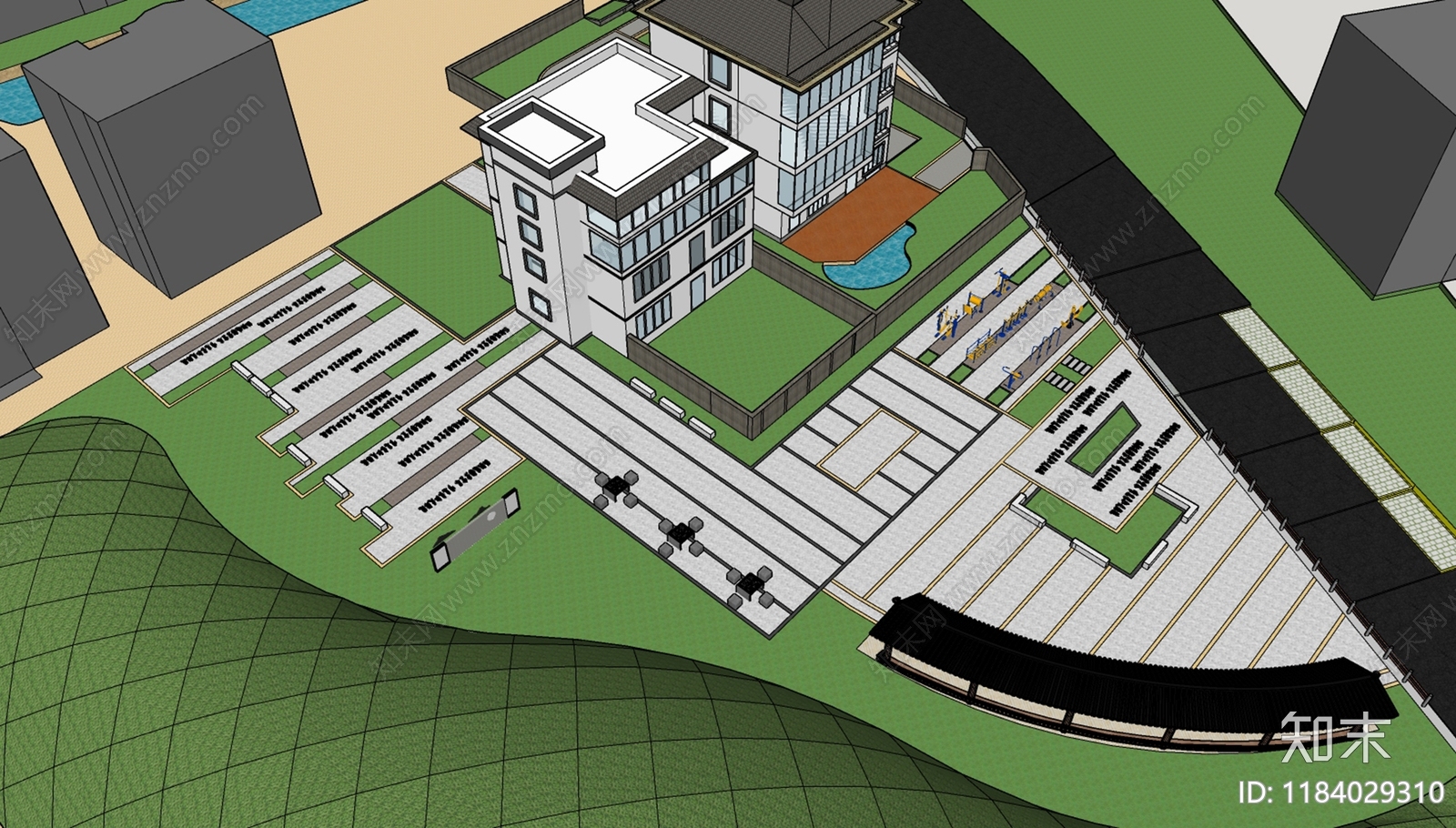 现代新中式口袋公园SU模型下载【ID:1184029310】