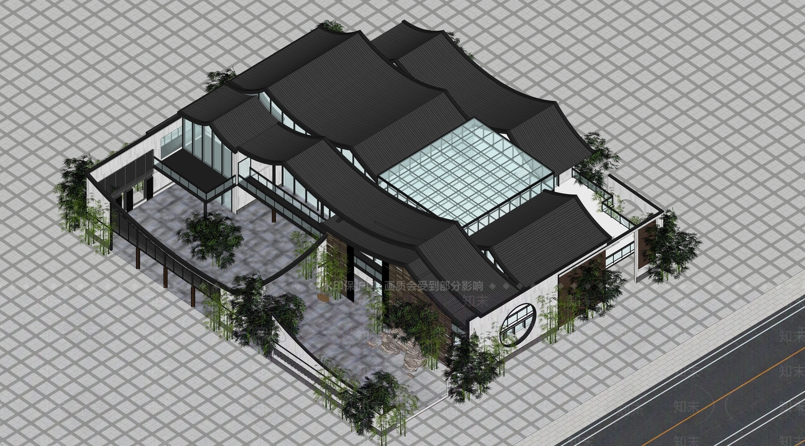 新中式酒店建筑SU模型下载【ID:1184034890】