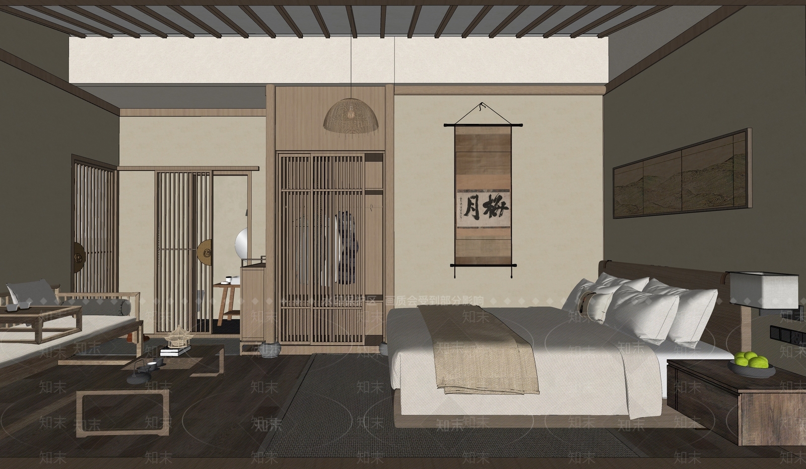 新中式民宿客房SU模型下载【ID:1184039302】