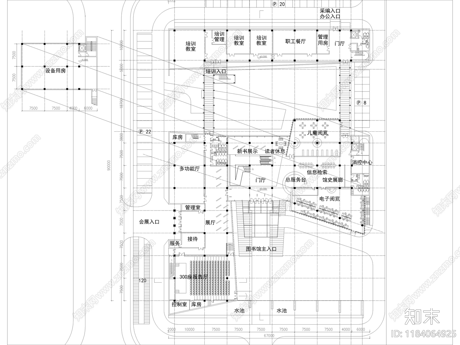 现代图书馆cad施工图下载【ID:1184064925】