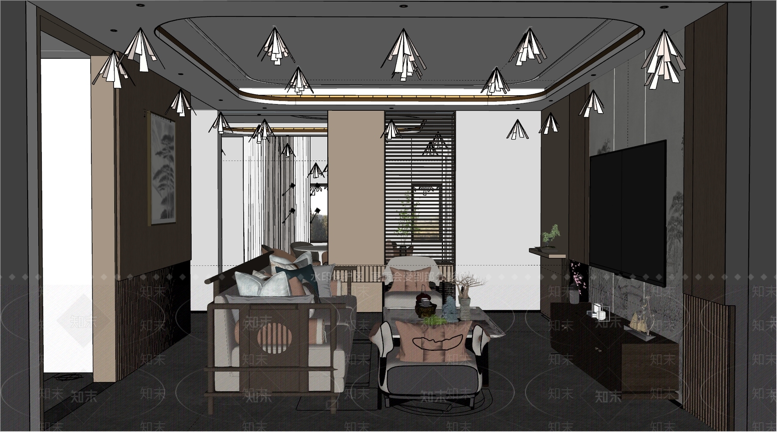 新中式别墅客厅SU模型下载【ID:1184077338】