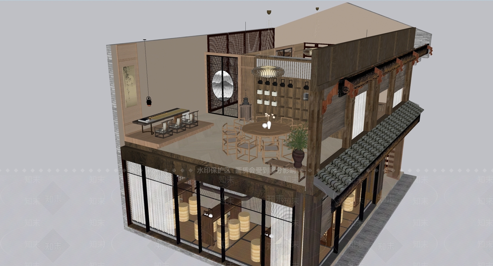 新中式茶餐厅SU模型下载【ID:1184078884】