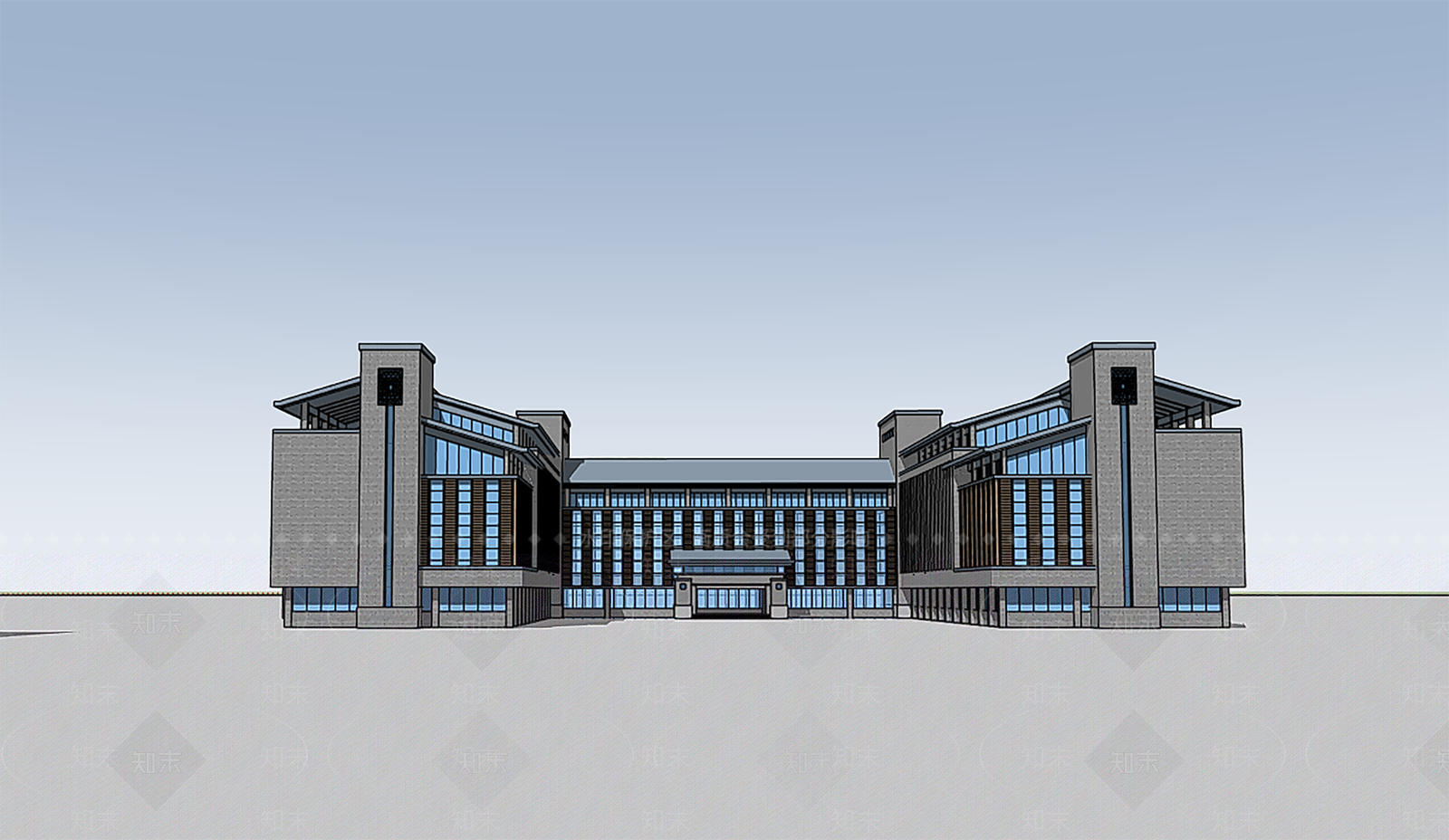 新中式中式学校建筑SU模型下载【ID:1184081074】