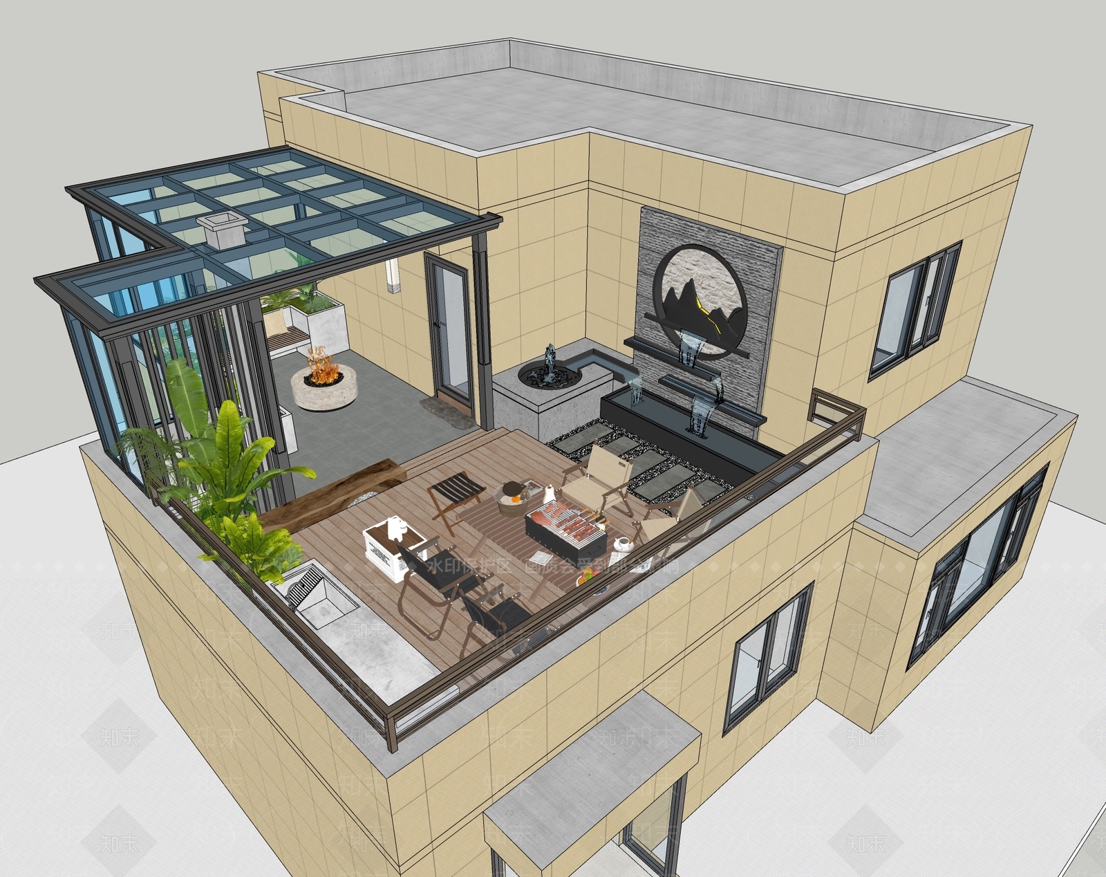 现代中式屋顶花园SU模型下载【ID:1184105498】