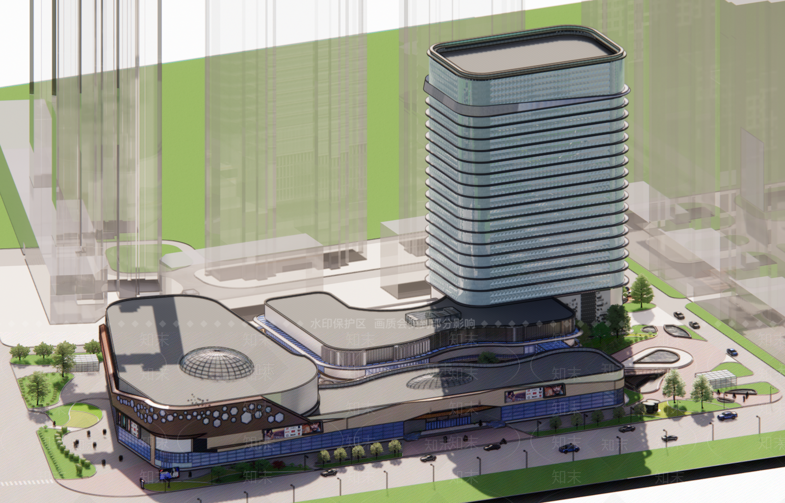 现代新中式商场建筑SU模型下载【ID:1184261857】