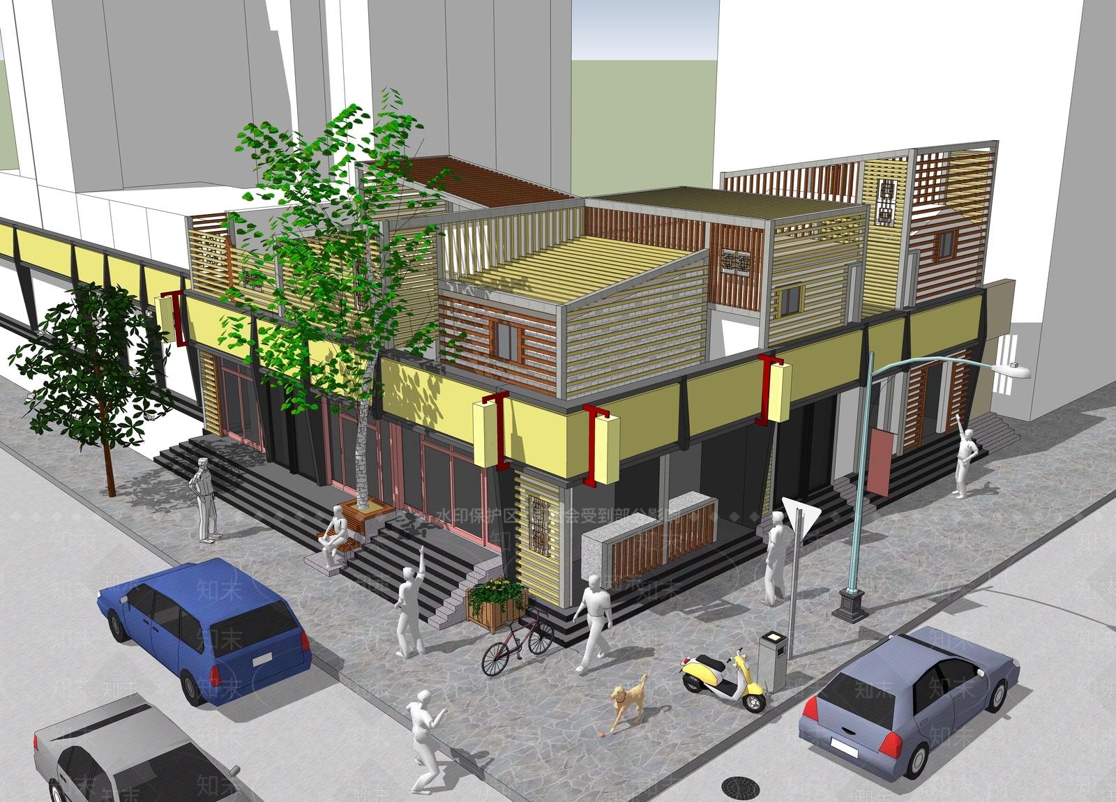 现代新中式民宿建筑SU模型下载【ID:1184299089】