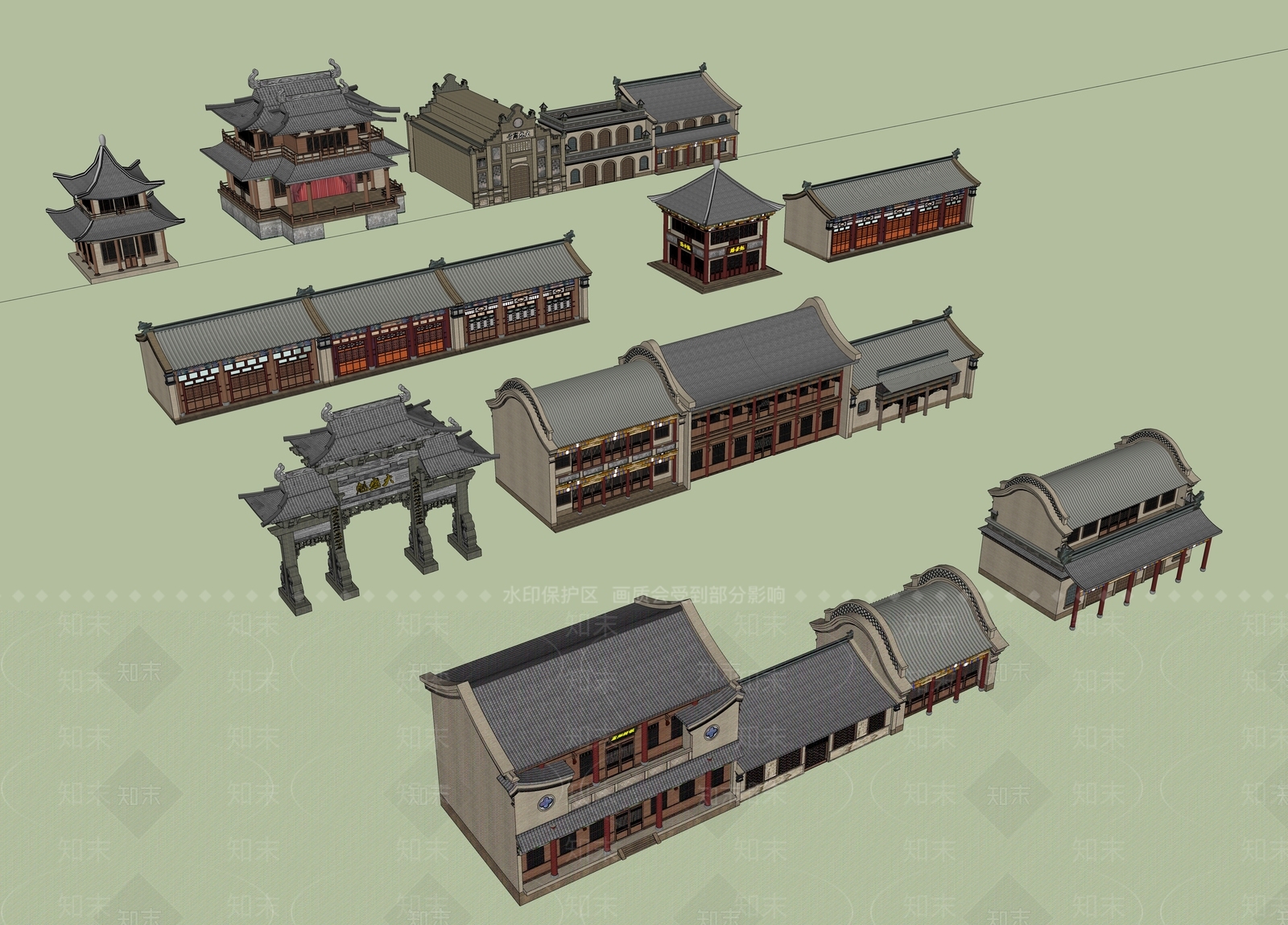 中式新中式古建筑SU模型下载【ID:1184299403】