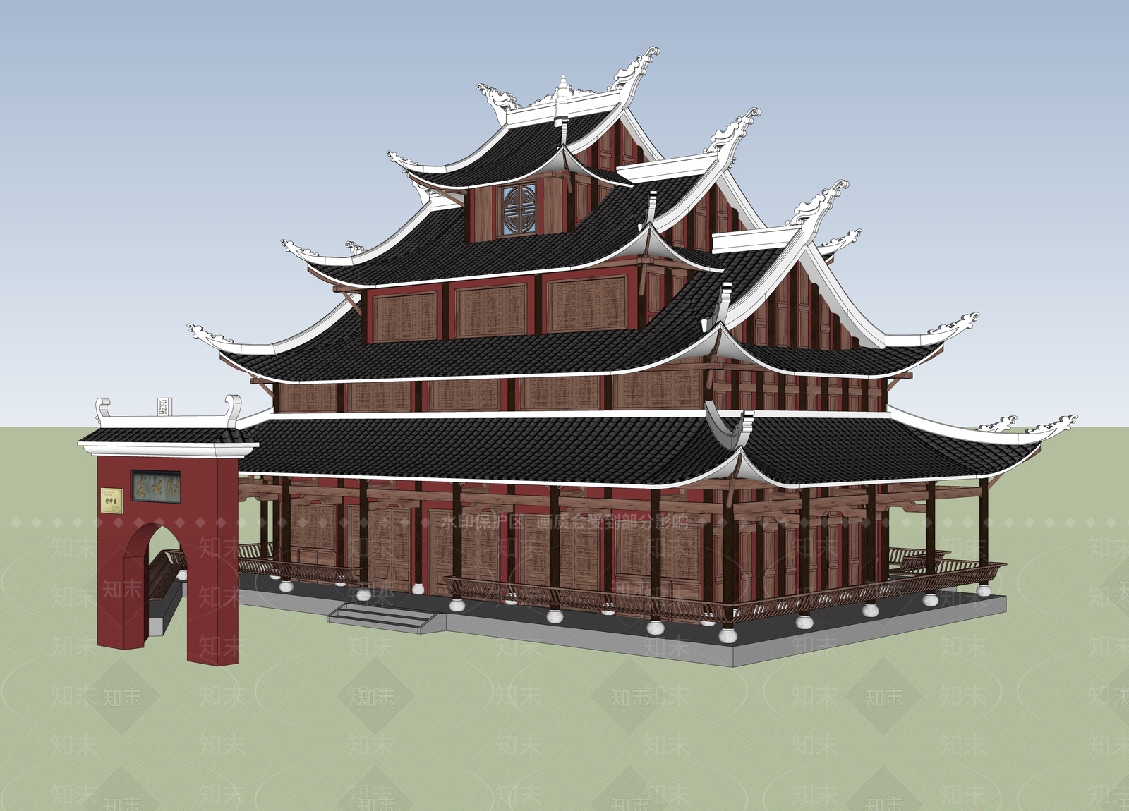中式新中式古建筑SU模型下载【ID:1184300001】