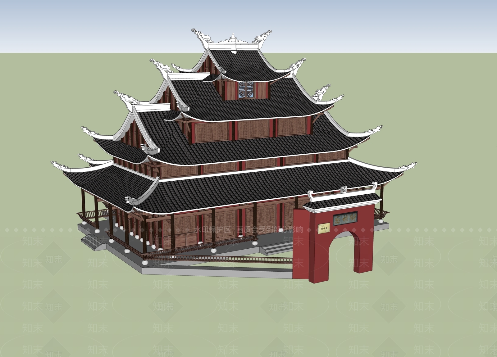 中式新中式古建筑SU模型下载【ID:1184300001】