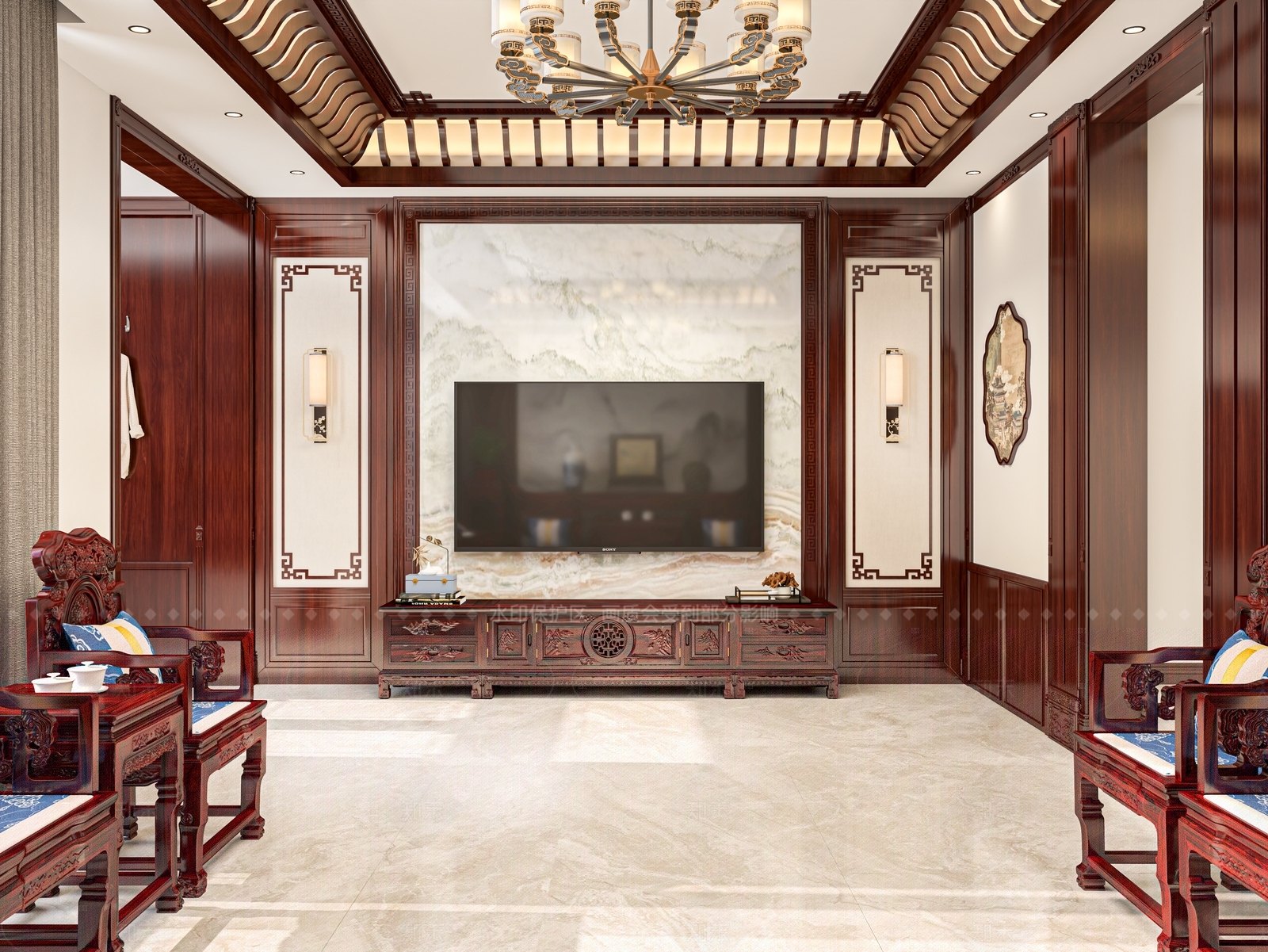 新中式中式别墅客厅3D模型下载【ID:1184309701】