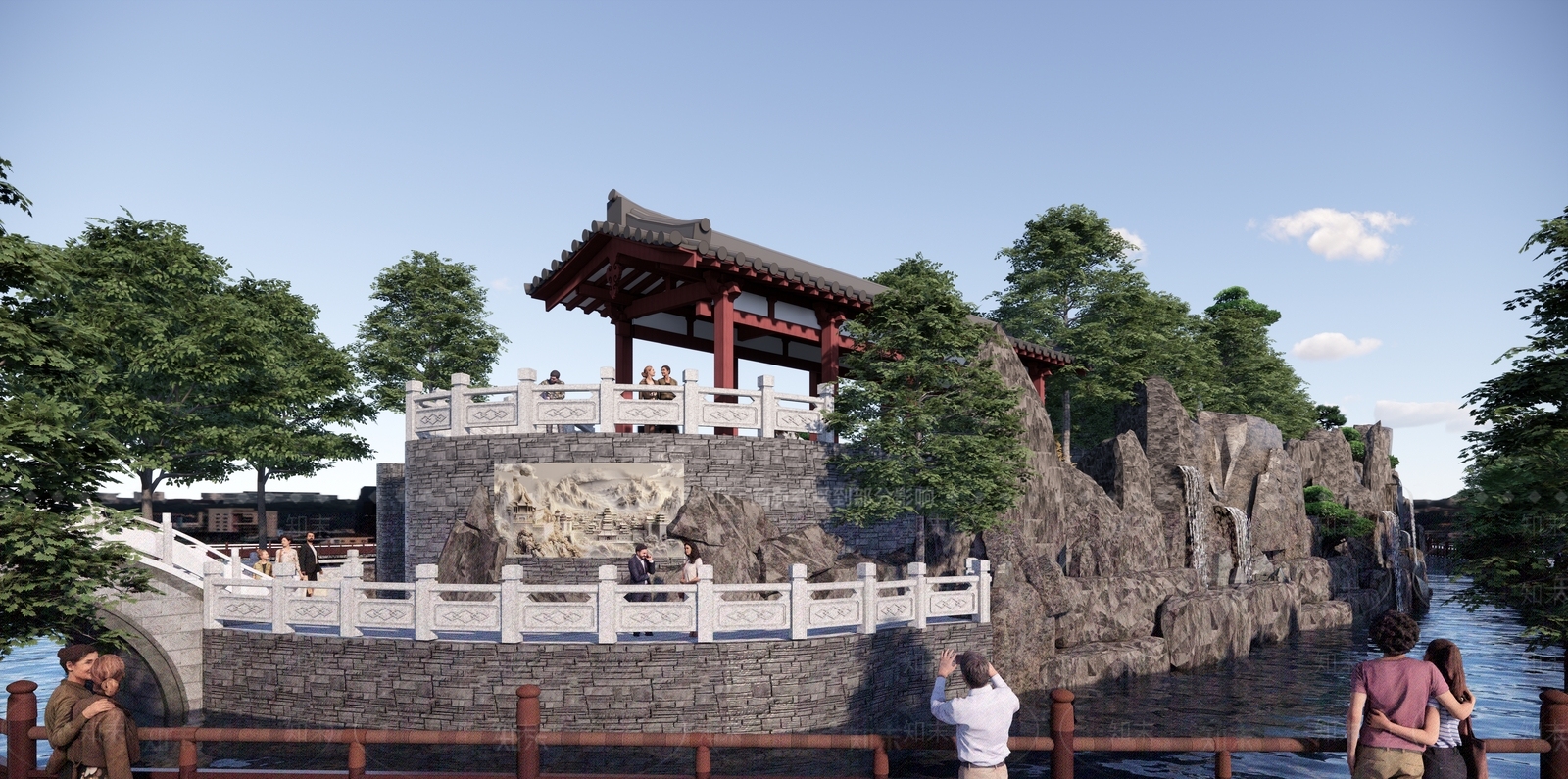 中式滨水景观SU模型下载【ID:1184331871】