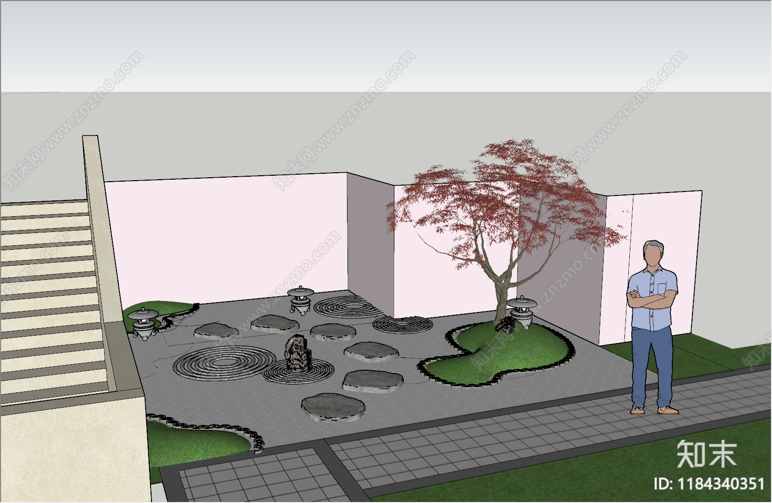 新中式简约别墅庭院SU模型下载【ID:1184340351】