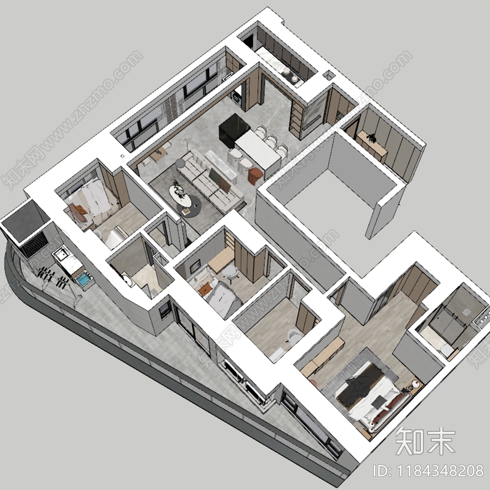 现代原木家装鸟瞰SU模型下载【ID:1184348208】