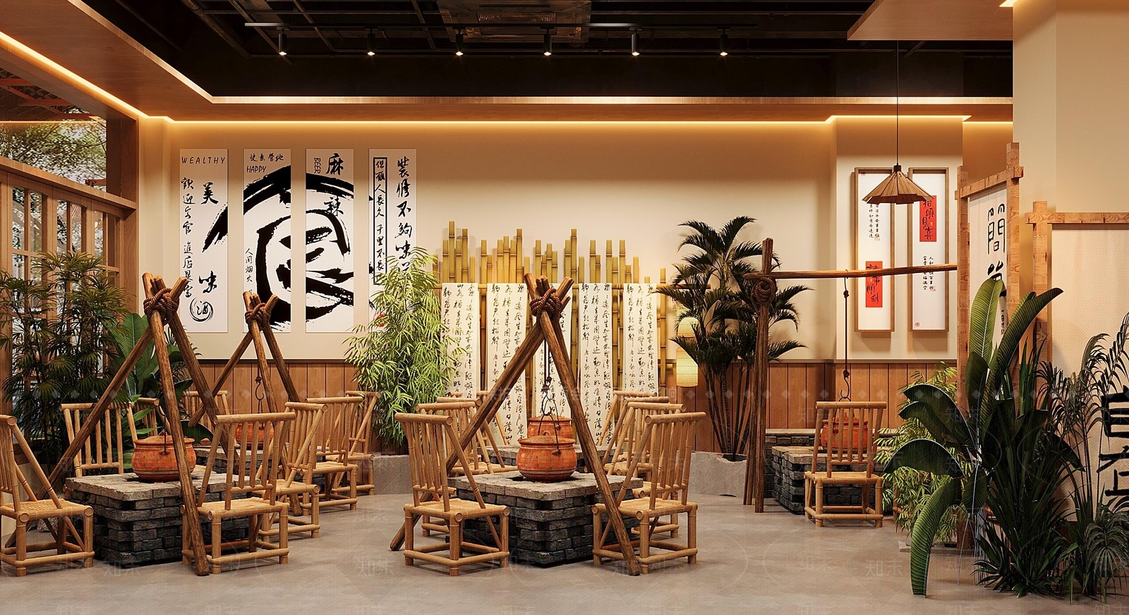 现代中式火锅店3D模型下载【ID:1184351511】