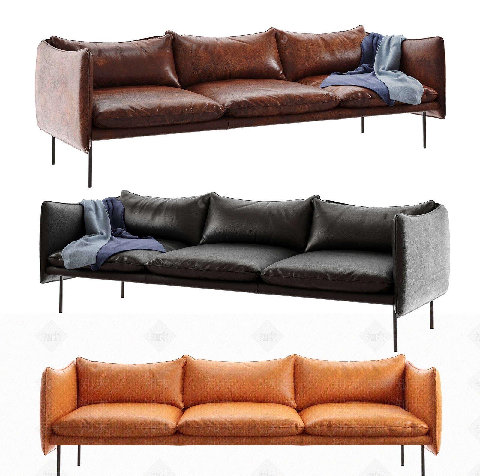 北欧皮革三人沙发3D模型下载【ID:1184369820】