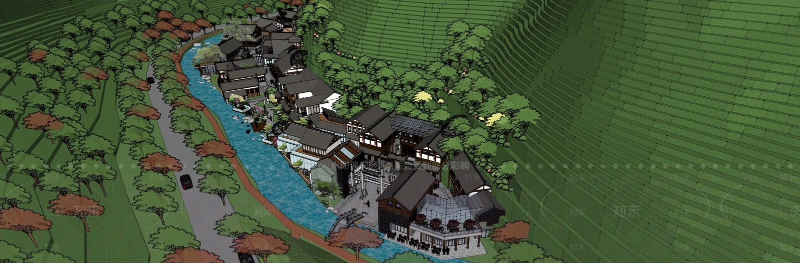 现代新中式酒店建筑SU模型下载【ID:1184373286】