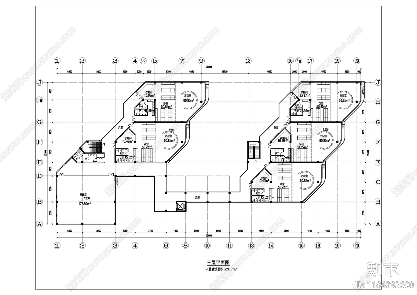 现代幼儿园建筑cad施工图下载【ID:1184393600】