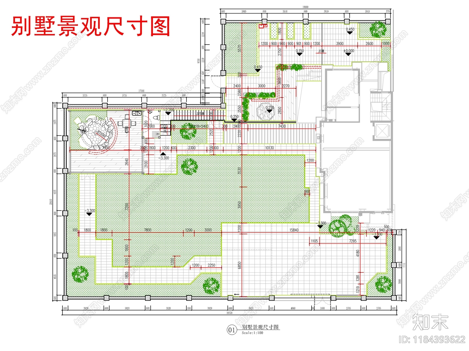 现代新中式庭院cad施工图下载【ID:1184393622】