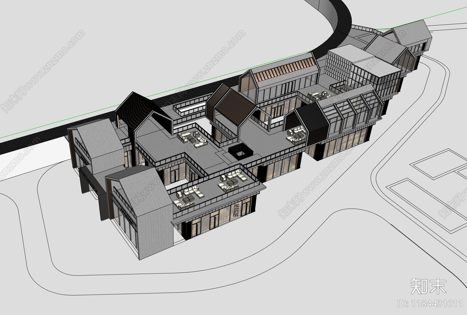 新中式商业街SU模型下载【ID:1184431011】