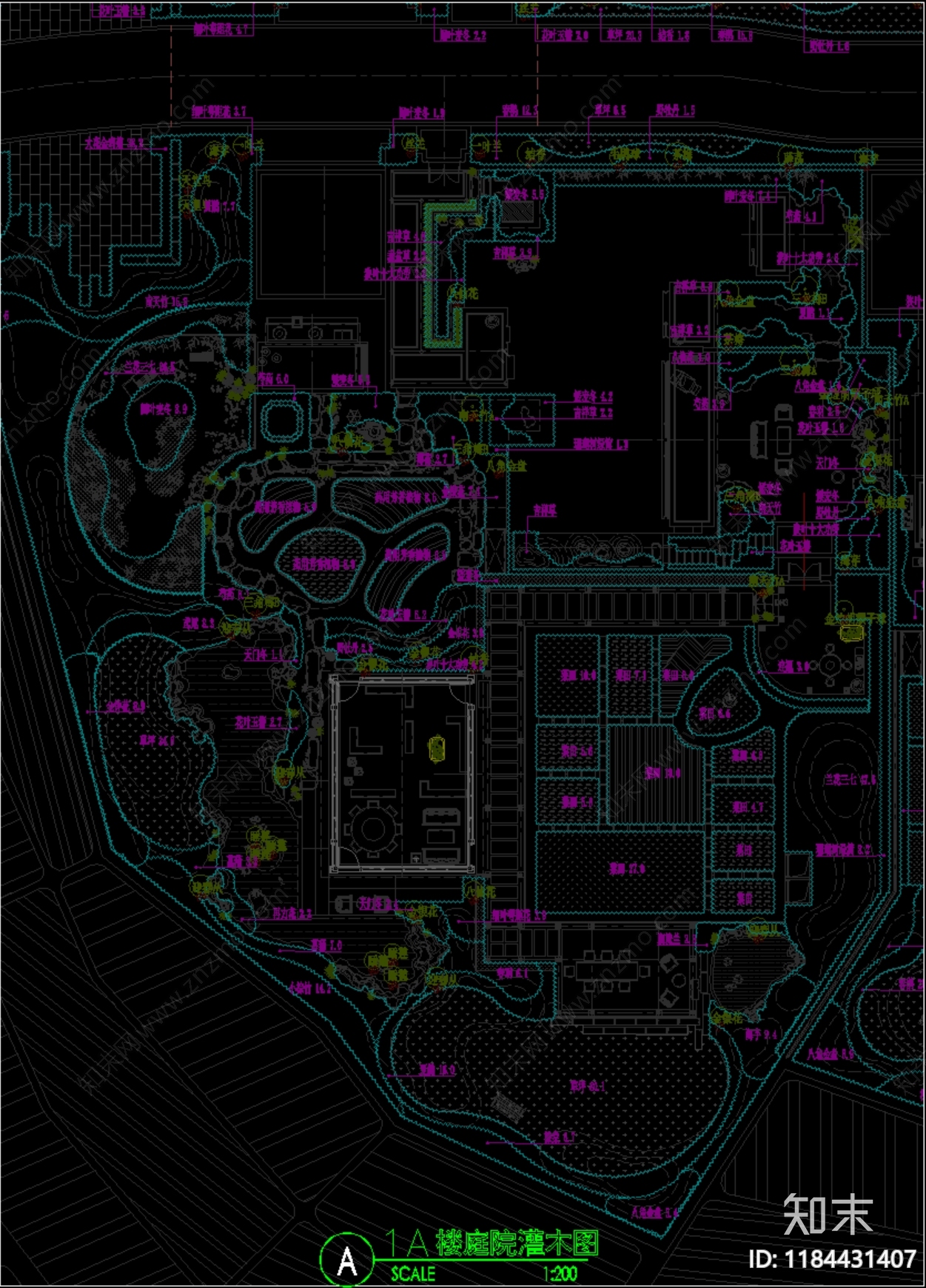 现代新中式庭院cad施工图下载【ID:1184431407】