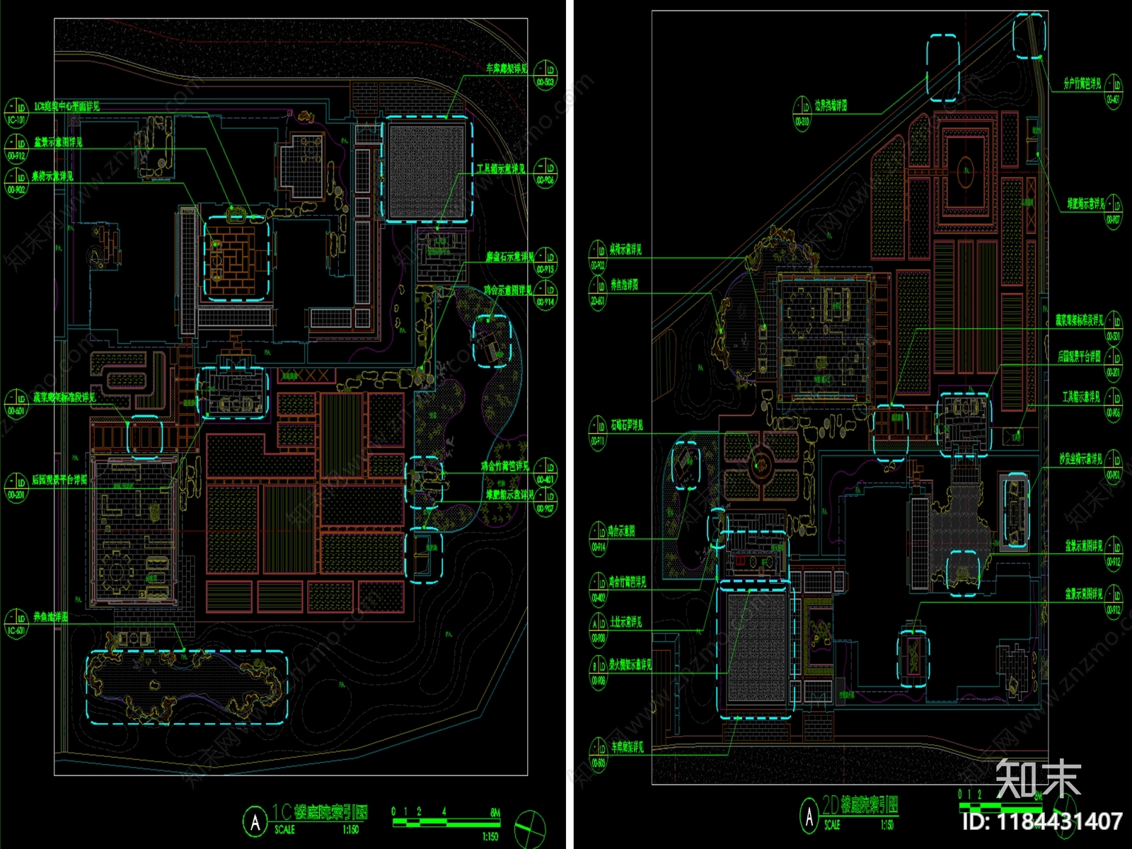 现代新中式庭院cad施工图下载【ID:1184431407】
