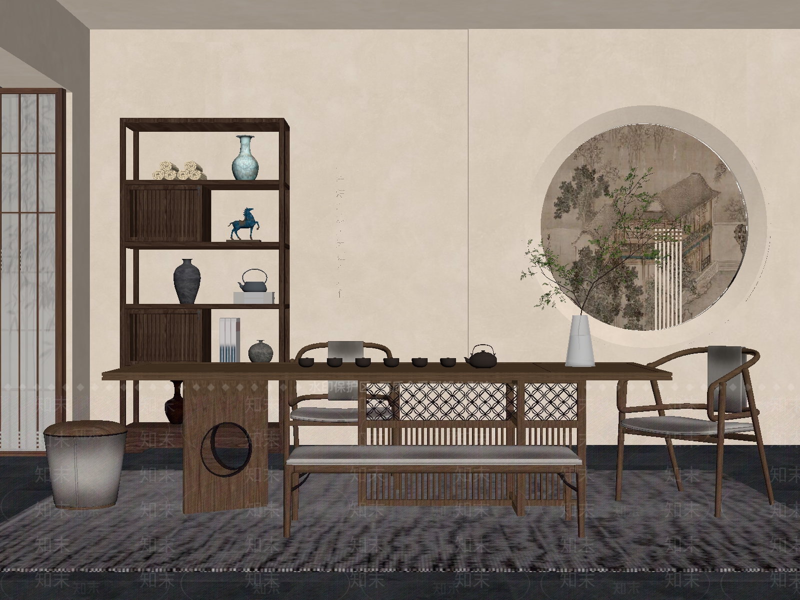 新中式茶室SU模型下载【ID:1184434044】
