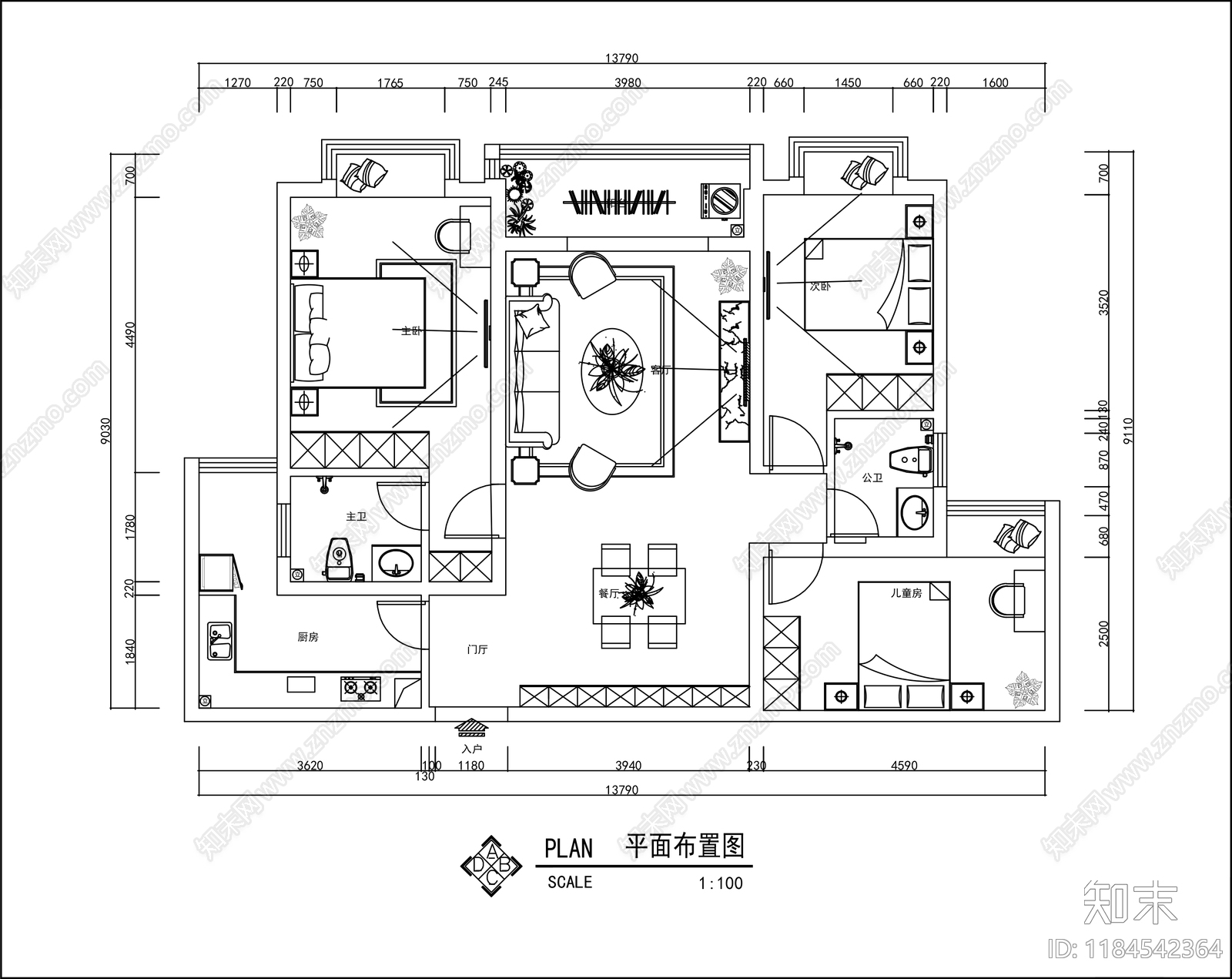 现代简约客餐厅施工图下载【ID:1184542364】