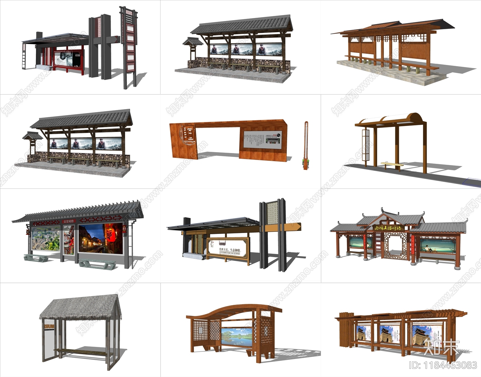 新中式公交站台SU模型下载【ID:1184463083】