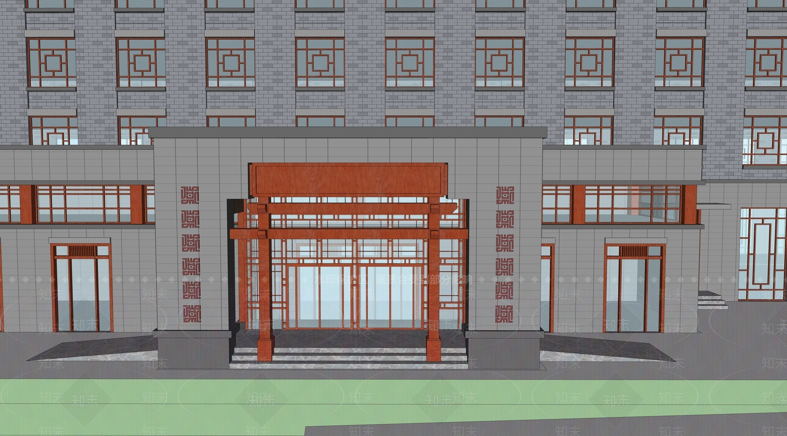 新中式中式酒店建筑SU模型下载【ID:1184475055】
