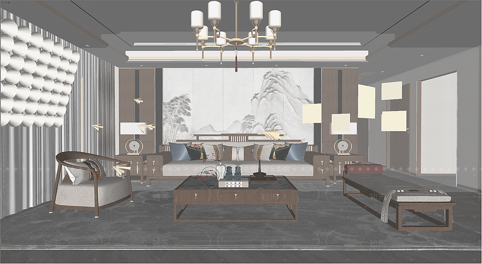 新中式家居客厅SU模型下载【ID:1215963690】