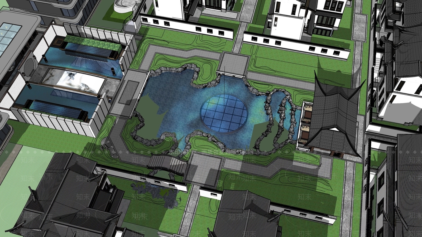 中式新中式别墅庭院SU模型下载【ID:1184505989】